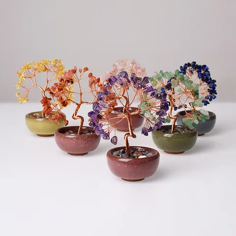 Crystal Money Tree Handmade Wire Wrapped Natural Stone Bonsai Ornament Ceramic Pot Desktop Decor Lucky Tree Of Life