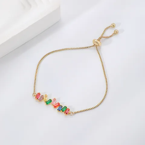Colorful Rainbow Zircon Bracelet Rectangular Geometric Copper Adjustable Bolo Chain Jewelry For Women