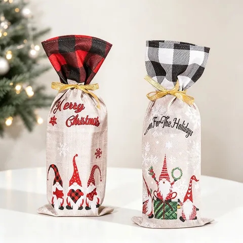 Housses De Bouteille De Vin De Noël En Tissu Imitation Lin Avec Motifs De Gnomes Cordon Pour Décoration De Table