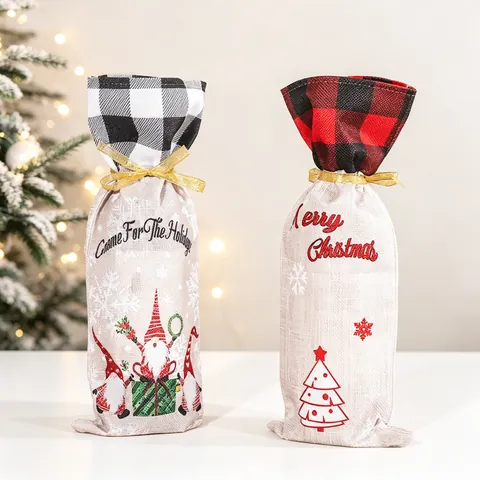 Housses De Bouteille De Vin De Noël En Tissu Imitation Lin Avec Motifs De Gnomes Cordon Pour Décoration De Table