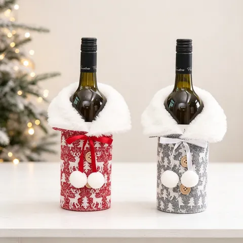 Christmas Wine Bottle Cover Knitted Reindeer Pattern Faux Fur Collar Ribbon Bow Wooden Button Holiday Party Decor