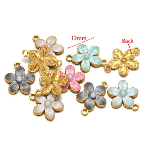 Flower Pendants Charms Stainless Steel Gold Plated Enamel Floral With Faux Artificial Pearl DIY Jewelry Making Accessory For Necklace