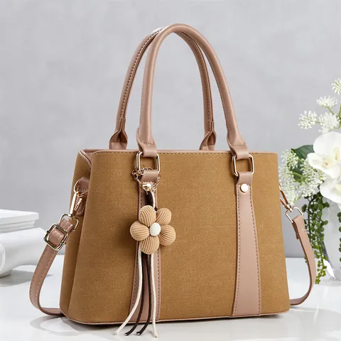 Women Vintage PU Leather Handbag And Matching Clutch Large Capacity Shoulder Bag With Pom Pom Pendant Gold Hardware