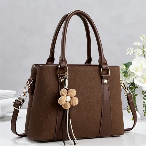 Women Vintage PU Leather Handbag And Matching Clutch Large Capacity Shoulder Bag With Pom Pom Pendant Gold Hardware