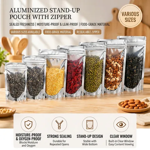 Buste Stand Up Con Chiusura Lampo In Alluminio E Plastica Trasparente Richiudibili Antiodore Conservazione Alimenti