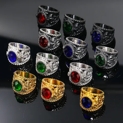 Anello da Uomo in Acciaio Inossidabile Gotico Retrò Pietra Preziosa Ovale Sfaccettata Nera Rossa Punk Traforato Gioielli