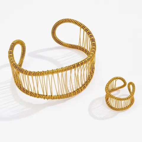 Stainless Steel Wire Wrapped Open Bangle And Ring Jewelry For Women Gold Plated High-End Niche Design Fadeless Accessories