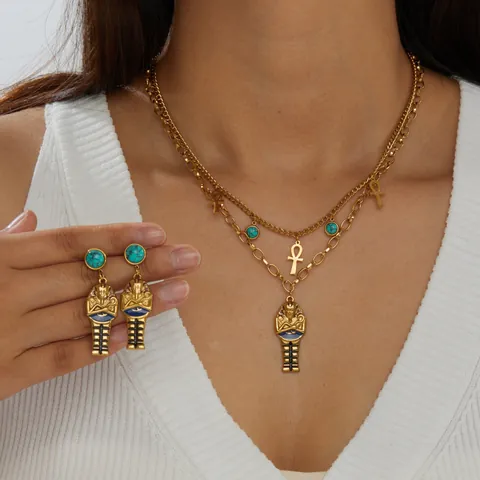 Vintage Antik Ägyptisch Pharao Porträt Halskette Ohrringe Set Edelstahl Lagen Türkis Ankh Kreuz Schmuckset