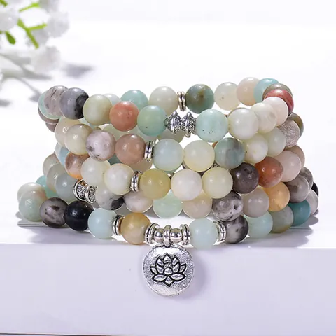 Bracciale Collana Mala in Pietra di Amazonite Opaca Con Ciondolo Loto Om Yoga Albero della Vita per Donna Uomo Gioielli da Meditazione