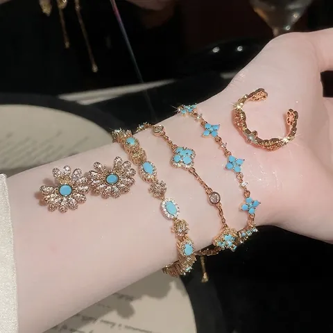 Vintage Vergoldetes Kupfer Zirkonia Harz Blume Armband Ring Ohrringe Kollektion Für Damen Leicht Luxuriös Party Schmuck