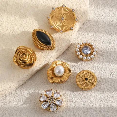 Vintage Stainless Steel Cufflinks For Men 18K Gold Plated Floral Geometric Pattern Artificial Pearl Rhinestone Suit Accessories For Wedding Business Banquet