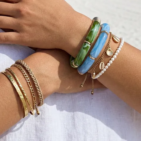 Bohemian Bamboo Resin Stainless Steel Bracelet Set For Women Vintage Leopard Print Marble Texture Bangle Jewelry