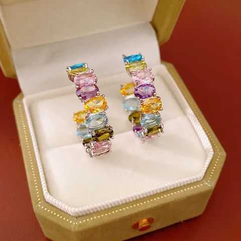 Orecchini a Bottone a Forma di C Ovali con Zirconia Colorata per Donna Perno in Argento Sterling 925 Gioielli in Rame