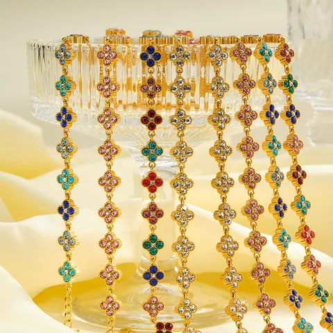 Fashion Stainless Steel Clover Flower Rhinestone Necklace And Bracelet For Women 18K Gold Plated Elegant Jewelry Set