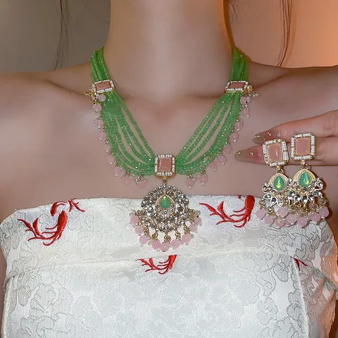 Vintage Königshof Mehrlagige Grüne Perlenkette Ohrringe Rosa Strass Künstliche Perle Vergoldeter Luxusschmuck Für Damen Hochzeit Bankett