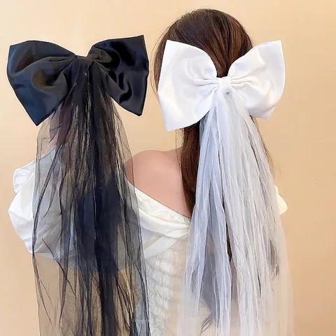 Elegant Fabric Big Bow Hair Clip With Long Mesh Tassel For Women Sweet Mesh Veil Duckbill Clip Wedding Party Hair Accessories