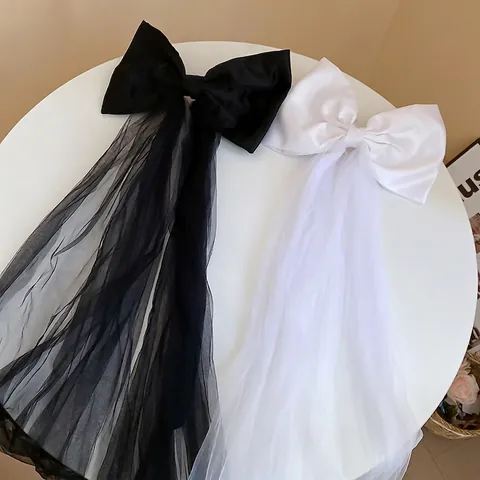 Elegant Fabric Big Bow Hair Clip With Long Mesh Tassel For Women Sweet Mesh Veil Duckbill Clip Wedding Party Hair Accessories
