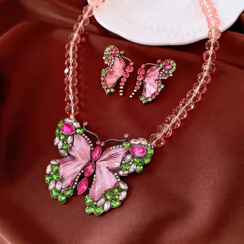 Vintage Butterfly Alloy Rhinestone Stud Earrings And Pendant Necklace For Women Elegant Retro Fairy Colorful Accessory Gift