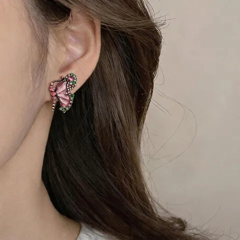 Vintage Butterfly Alloy Rhinestone Stud Earrings And Pendant Necklace For Women Elegant Retro Fairy Colorful Accessory Gift