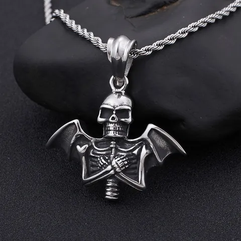 Gothic Skull Bat Wing Pendant 316L Stainless Steel Retro Punk Skeleton Jewelry Silver Tone For Men