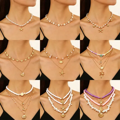 Collana Con Ciondolo in Lega di Zinco in Stile Oceanico Con Elementi di Perle Artificiali Conchiglia Stella Marina Gioielli in Oro Donna