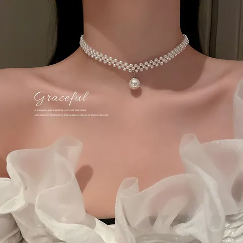 Collier Pendentif Künstliche Perle Vintage Français Baroque Irrégulier Alliage Zircon Noeud Coeur Elégant Ras De Cou Pour Femme