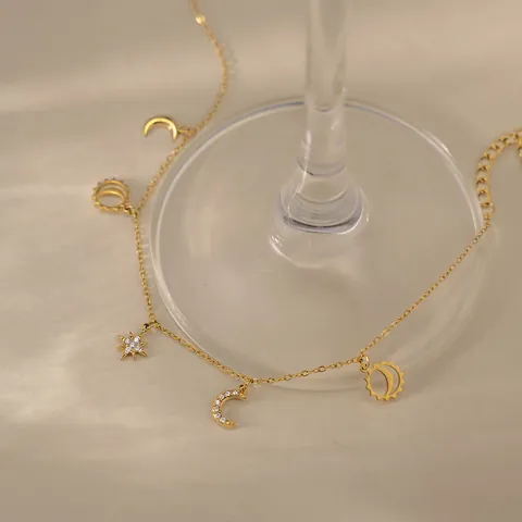 18K Gold Plated Stainless Steel Anklet For Women Simple Star Moon Sun Hollow Out Rhinestone Charm Anklet Foot Jewelry