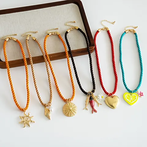 Bohemian Braided Rope Pendant Necklace For Women Alloy Enamel Heart Flower Fish Shell Charms Beach Vacation Jewelry Necklace