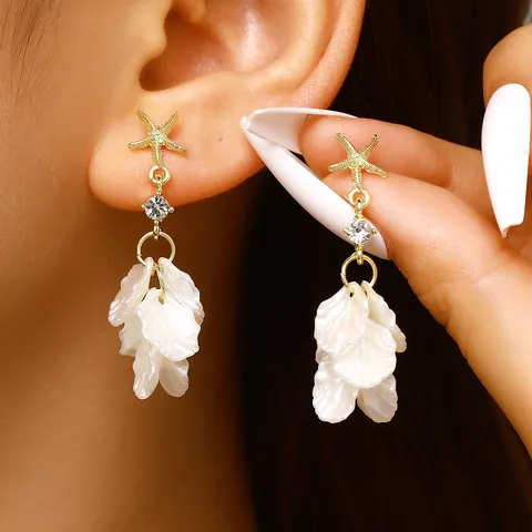 French Style Starfish Shell Petal Tassel Earrings Elegant Vacation Alloy Rhinestone Drop Earrings For Women Jewelry Gift