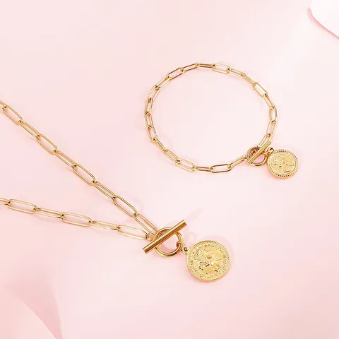 Französisches Vintage Königinnenporträt Münze Büroklammerkette Schmuckset Edelstahl OT Schnalle Halskette Armband Für Damen