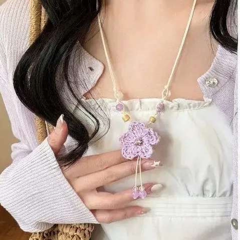 Handwoven Ceramic Flower Necklace Resort Style Sweet Floral Pendant Necklace For Women Vacation Decorative Jewelry Accessory