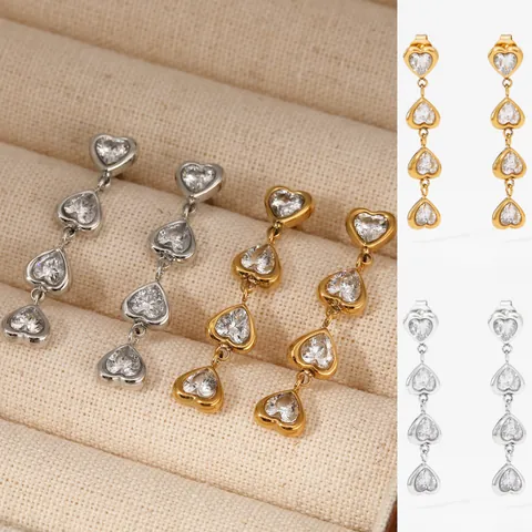 316 Stainless Steel Heart Zirconia Long Stud Earrings Gold Silver Plated Elegant Heart Shaped Tassel Jewelry For Women