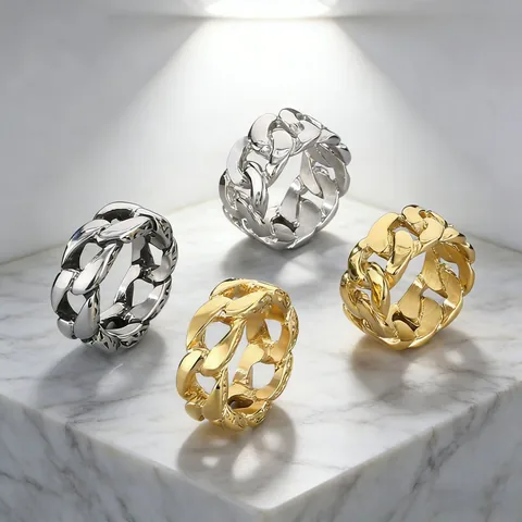 Hip Hop Titanstahl Panzerkette Ring Für Herren Galvanisierter Gold Silber Geometrischer Bandring Maskuliner Straßenschmuck