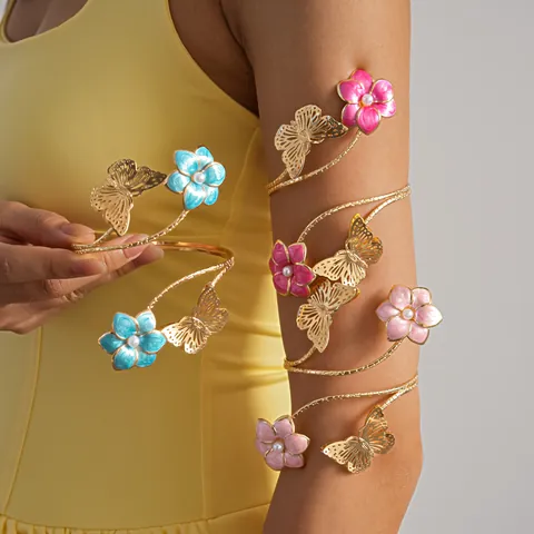 European Style Metal Flower Butterfly Upper Arm Cuff With Artificial Pearl Spiral Adjustable Arm Ring Bracelet Women Jewelry