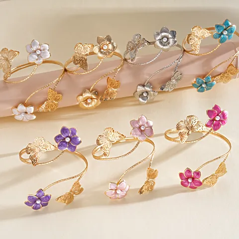 European Style Metal Flower Butterfly Upper Arm Cuff With Artificial Pearl Spiral Adjustable Arm Ring Bracelet Women Jewelry