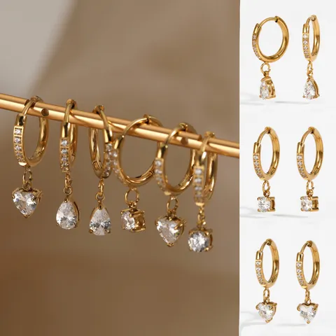 Stainless Steel Rhinestone Huggie Hoop Earrings Exquisite Heart Waterdrop Square Pendant Fashion Jewelry For Women PVD Plated