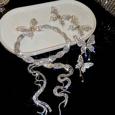 Koreanische Ins Strass Schmetterling Anhänger Halskette Ohrring Haarklammer Schmuck Legierung Damen Hochzeit Bankett Schmuck