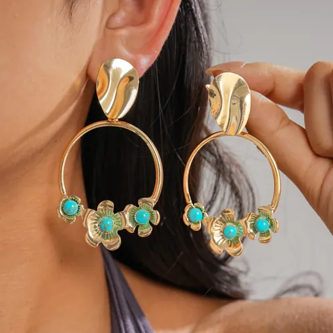 Westlicher Stil Gold Metall Rund Blume Hänger Ohrringe Für Damen Mit Silber Ohrringpfosten Acryl Geometrisch Floral Ohrringe Schmuck