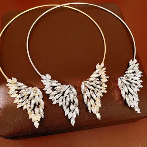 Boucles d'Oreilles Angel Wings Zirconia Choker Necklace Luxe Cuivre Cristal Plume Collier pour Mariage Fête Femme Bijoux