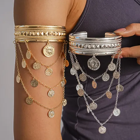 Brassard Ouvert en Alliage Vintage avec Gland de Pièce de Portrait pour Femmes Style Métal Lourd Bracelet Ajustable Bijoux Mode