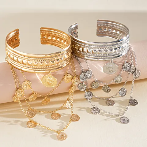 Brassard Ouvert en Alliage Vintage avec Gland de Pièce de Portrait pour Femmes Style Métal Lourd Bracelet Ajustable Bijoux Mode
