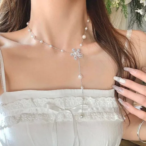 Set Vintage di Collana Lunga con Perle Artificiali e Anello Aperto da Donna Catena a Y in Strass Placcato Argento