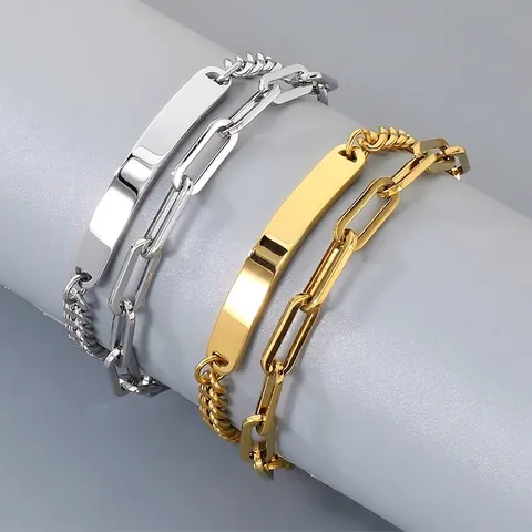 Minimalistische Roestvrijstalen Dubbellaagse Cubaanse Paperclip Ketting Armband Met Graveerbare Gebogen Plaat Unisex Sieraden