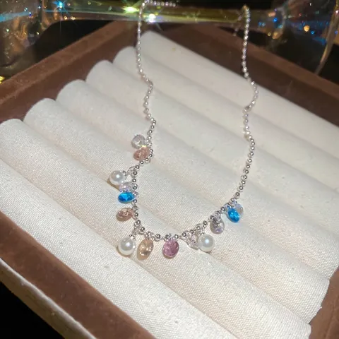Zirconia Artificial Pearl Pendant Necklace Copper Dopamine Style Multicolor Rainbow Round Jewelry Choker For Women Gift