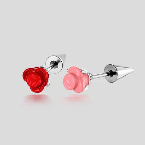 Titanium Steel Rose Spike Stud Earrings Sweet Cool Punk Gothic Rose Flower Piercing Jewelry For Women Girls Red Pink Accessory