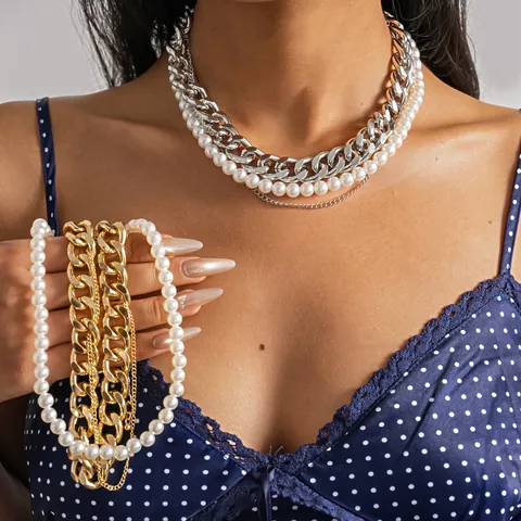 Retro Layered Metal Chain Artificial Pearl Necklace For Women Statement Choker Adjustable Copper Aluminum Zirconia Jewelry