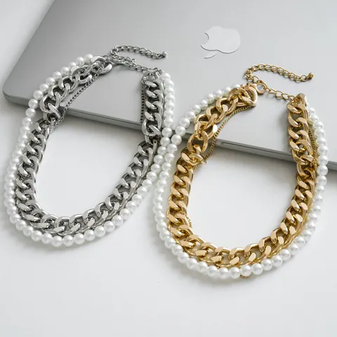 Retro Layered Metal Chain Artificial Pearl Necklace For Women Statement Choker Adjustable Copper Aluminum Zirconia Jewelry