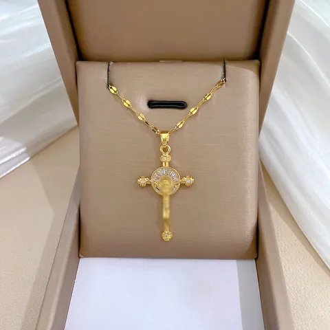 Crucifix Jesus Pendant Necklace With Zircon Inlaid Gold Plated Stainless Steel Chain Religious Jewelry For Women