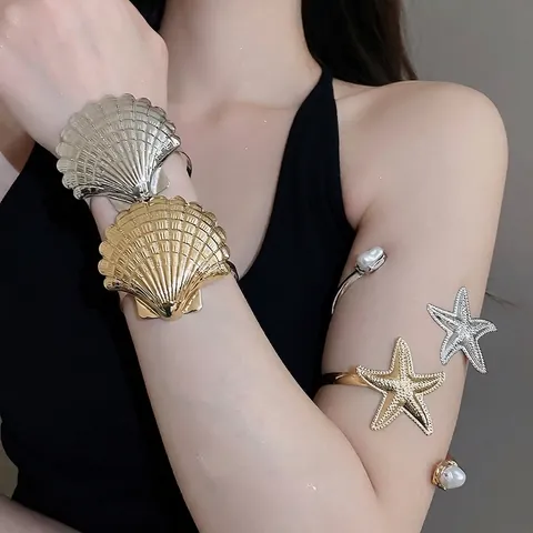 Böhmische Legierung Seestern Meeresmuschel Offener Armreif Armband Mit Künstlicher Perle Verstellbarer Manschettenarmring Für Damen Mode Schmuck