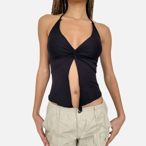 Top de Tirantes Sexy Halter para Mujer con Nudo Delantero y Espalda Descubierta Dobladillo Irregular Color Sólido Casual de Verano sin Mangas